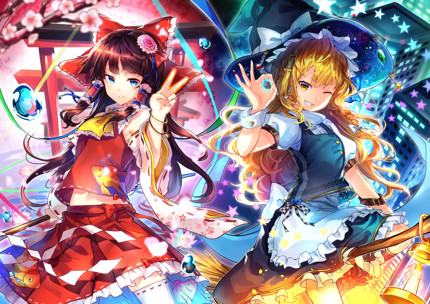 2girls, aliasing, blonde_hair, bow, brown_hair, hakurei_reimu, hat, japanese_clothes