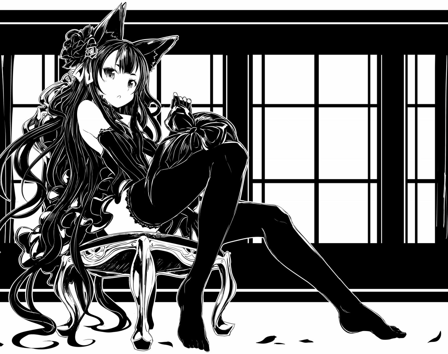 aliasing, animal_ears, catgirl, long_hair, monochrome, original, shibano_kaito, thighhighs
