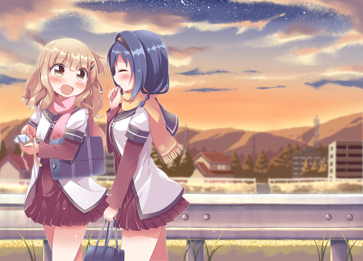 2girls, aliasing, blonde_hair, blue_hair, brown_eyes, fang, furutani_himawari, grass