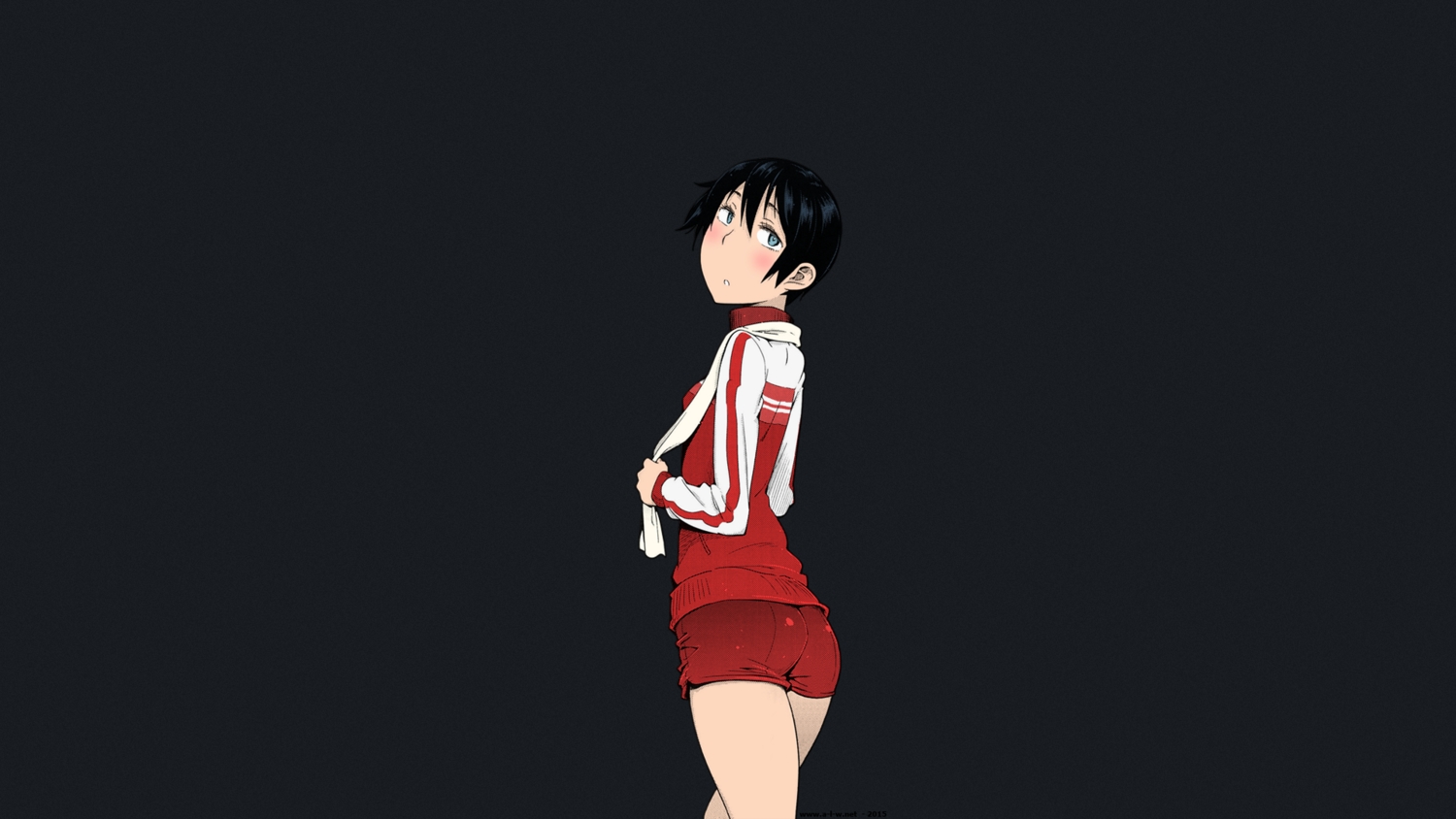 black_hair, blue_eyes, gray, gym_uniform, short_hair, shorts, toruneko, towel