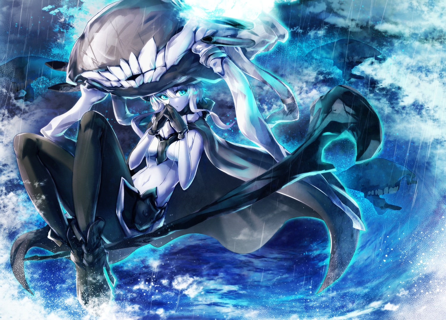 anthropomorphism, aqua_eyes, bodysuit, boots, cibo_(killy), gloves, gray_hair, headdress, kantai_collection, staff, water, wo-class_aircraft_carrier