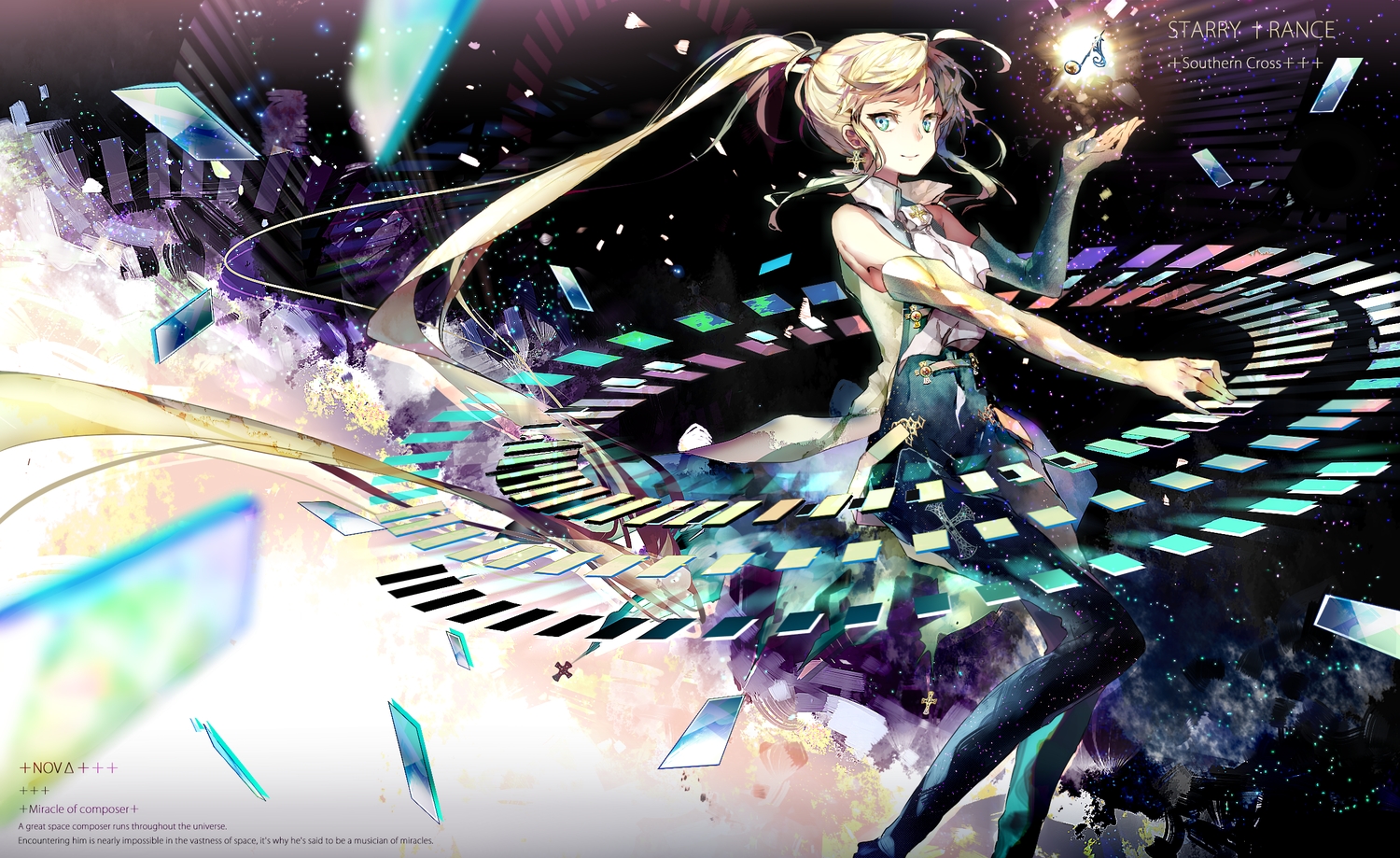 aliasing, aqua_eyes, blonde_hair, cross, elbow_gloves, gloves, long_hair, music, ponytail, rooseputo_02