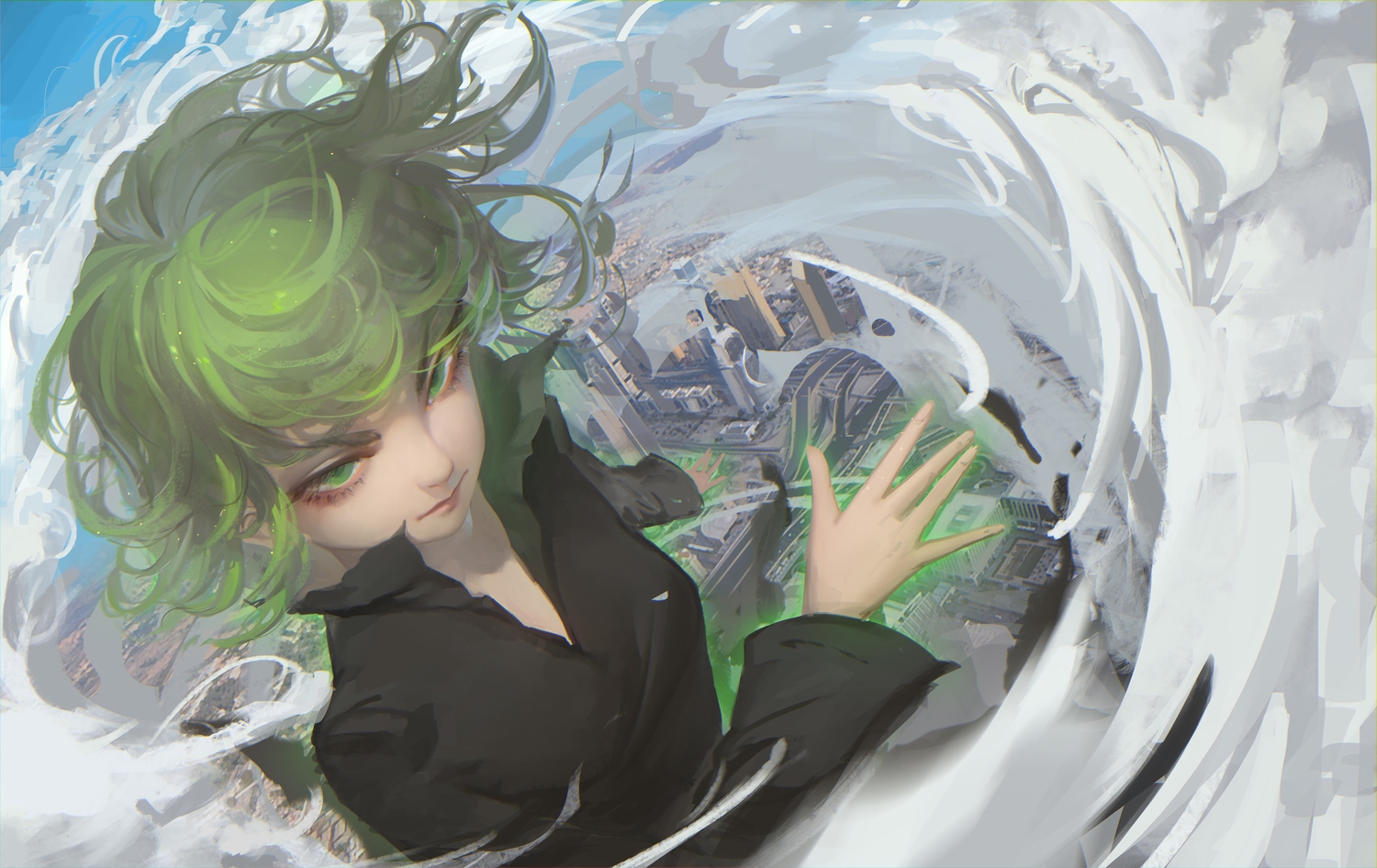 bing_bing, breasts, green_eyes, green_hair, onepunch_man, short_hair, tatsumaki_(onepunch_man)