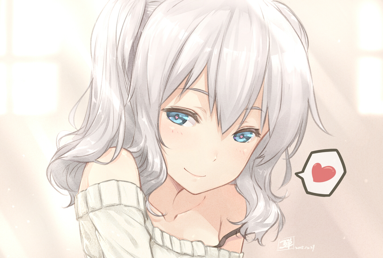 anthropomorphism, aqua_eyes, dan_(kumadan), gray_hair, heart, kantai_collection, kashima_(kancolle), signed, twintails