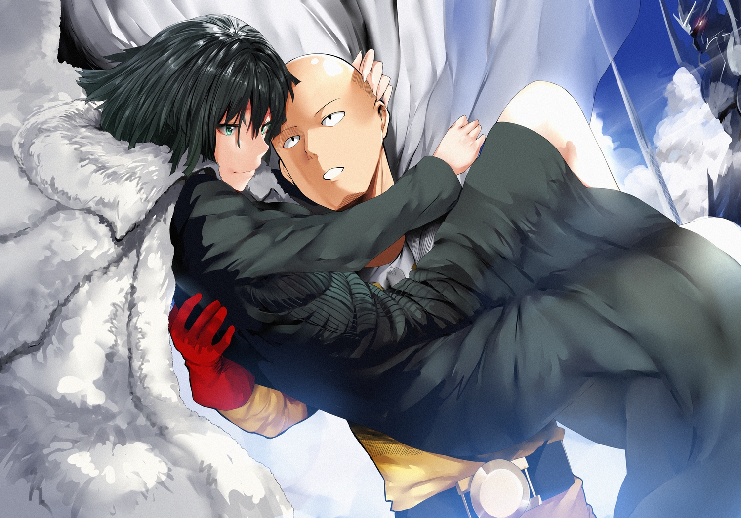 black_hair, cape, clouds, dress, fubuki_(onepunch_man), gloves, green_eyes, hewsack