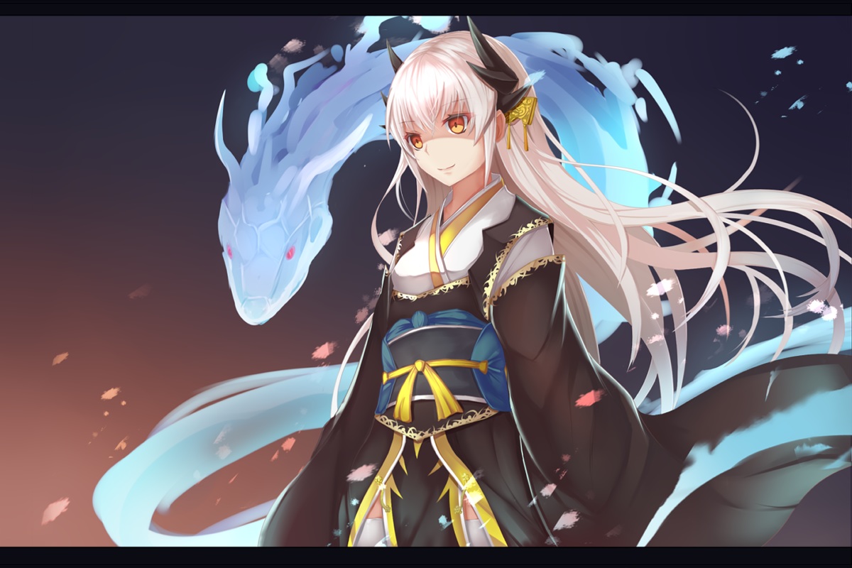 blonde_hair, fate/grand_order, fate_(series), japanese_clothes, kimono, kiyohime_(fate/grand_order), orange_eyes, thighhighs, wakame_mi