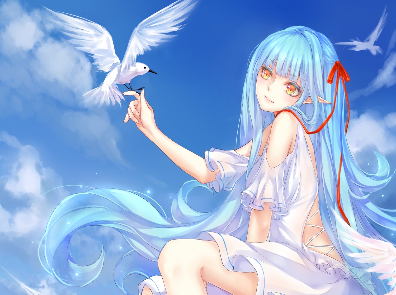 animal, bird, blue_hair, cropped, long_hair, misaki_krokodi, sky, yellow_eyes