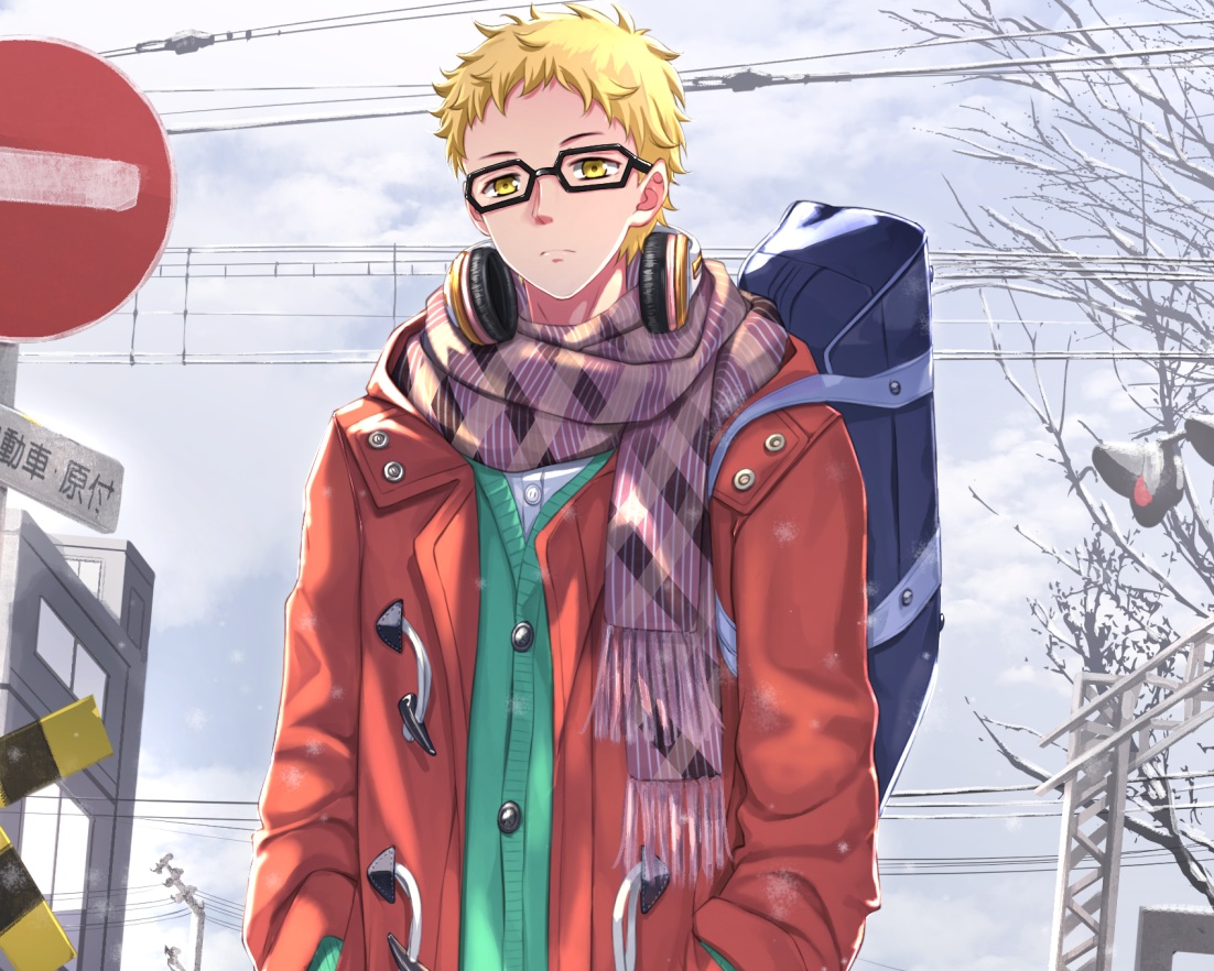 all_male, blonde_hair, cropped, glasses, haikyuu!!, headphones, male, scarf, swordsouls, tree, tsukishima_kei, winter, yellow_eyes