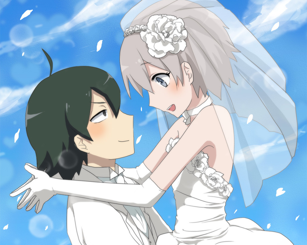 all_male, black_hair, blue_eyes, blush, choker, cropped, dress, flowers