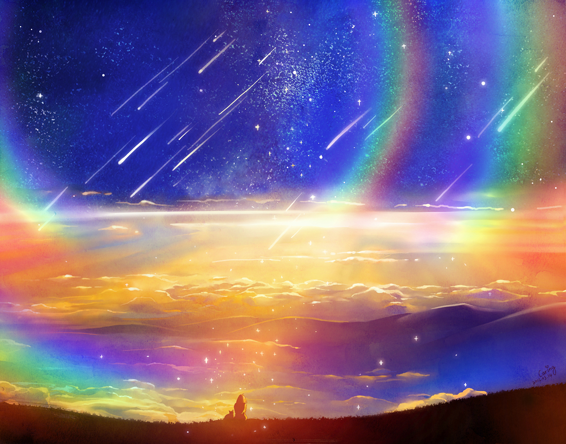 animal, caring201, cat, clouds, original, rainbow, scenic, signed, stars