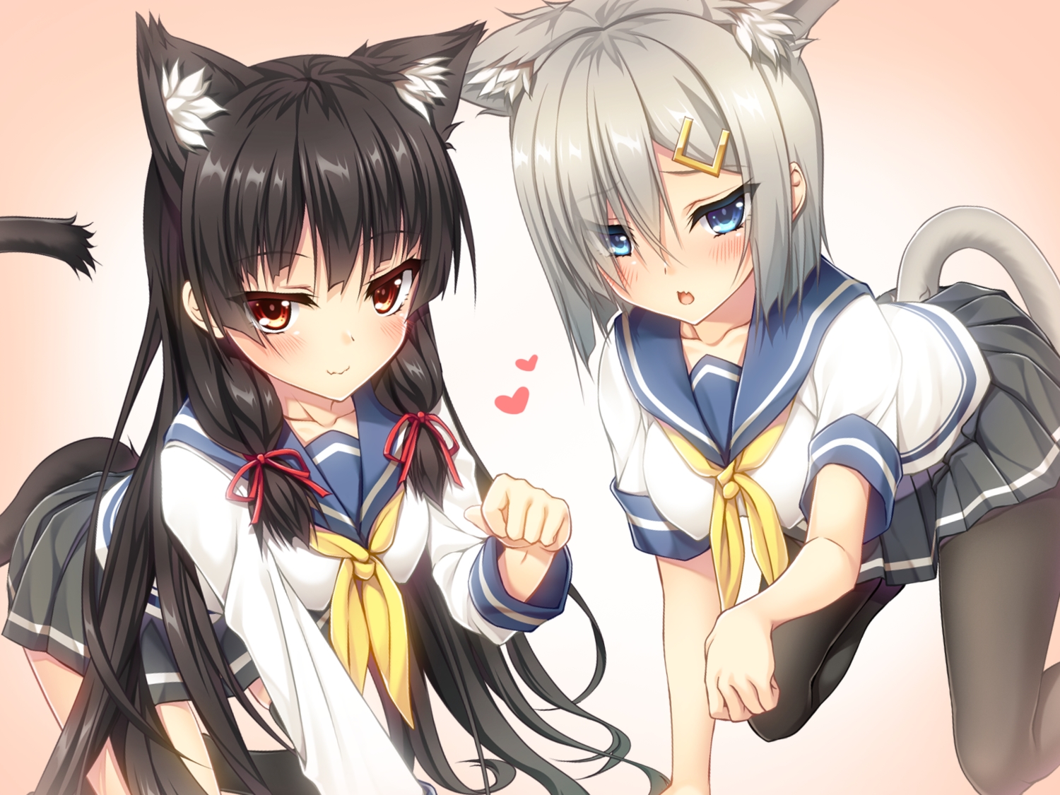 2girls, animal_ears, anthropomorphism, aqua_eyes, black_hair, catgirl, gray_hair, hamakaze_(kancolle)