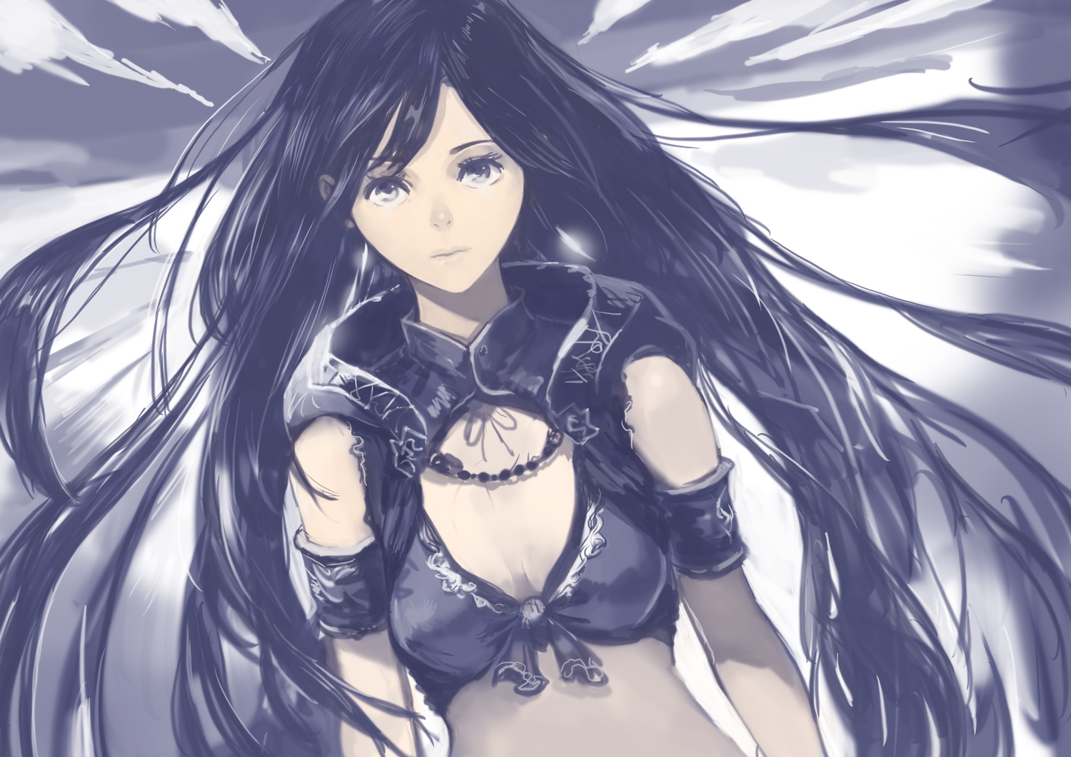 black_eyes, black_hair, breasts, cleavage, long_hair, okuto, original