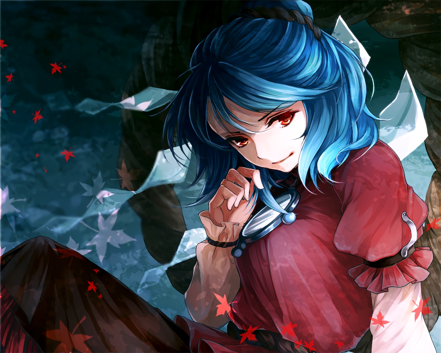 awa_toka, blue_hair, red_eyes, touhou, waifu2x, yasaka_kanako