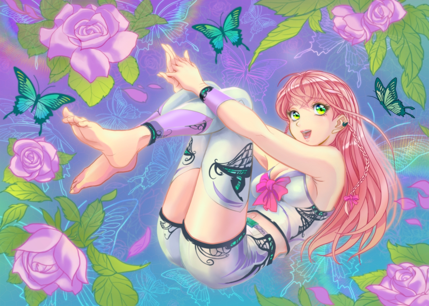 barefoot, bow, braids, breasts, butterfly, cleavage, flowers, green_eyes, leaves, long_hair, mai_(b9035796), navel, original, pink_hair, rose, shorts, thighhighs, wristwear