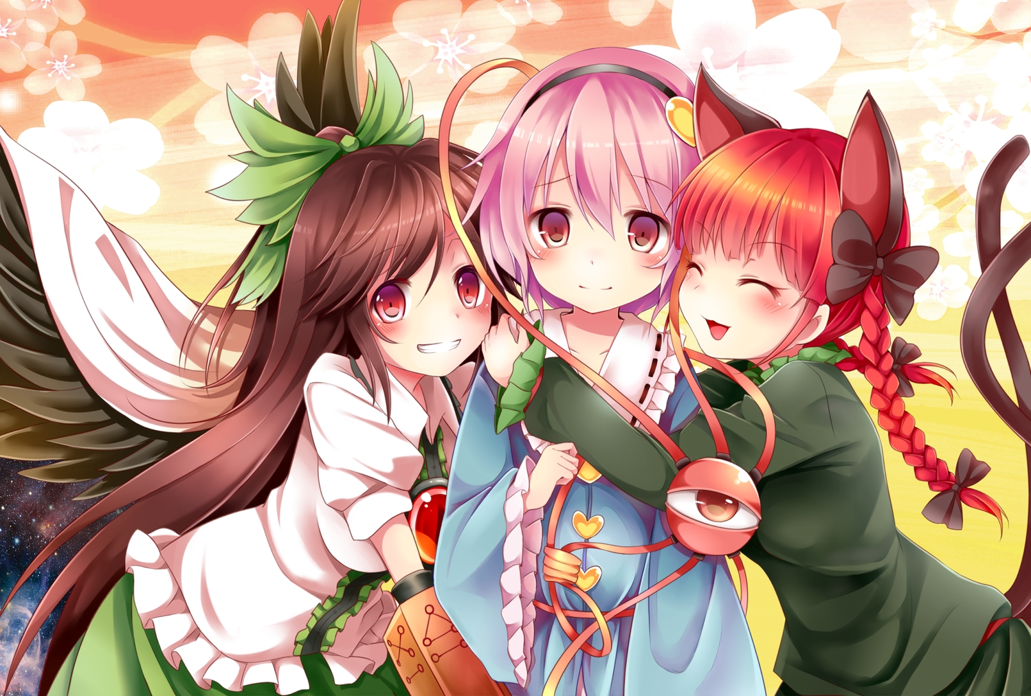 animal_ears, blush, bow, braids, brown_hair, catgirl, chikuwa_savi, headband, kaenbyou_rin, komeiji_satori, long_hair, multiple_tails, pink_eyes, pink_hair, ponytail, red_eyes, red_hair, reiuji_utsuho, short_hair, tail, touhou, twintails, wings