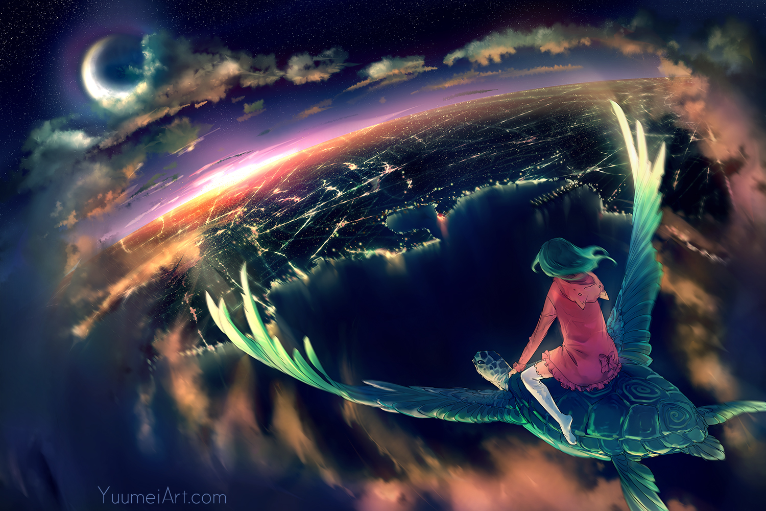 animal, building, city, clouds, green_hair, hood, moon, night