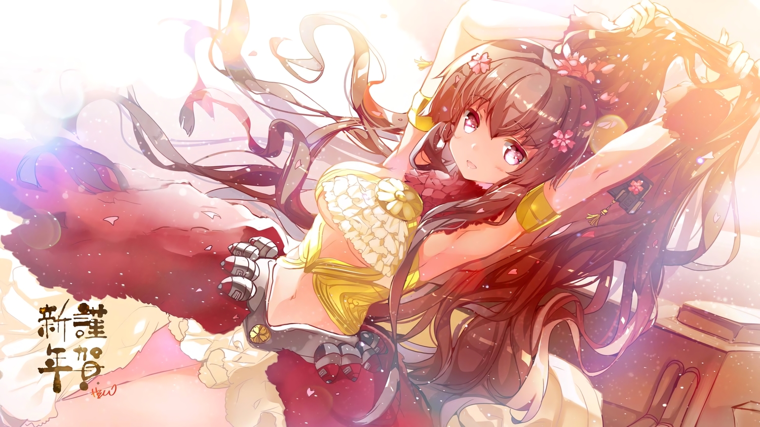 anthropomorphism, brown_hair, heco_(mama), kantai_collection, long_hair, navel, signed, yamato_(kancolle)
