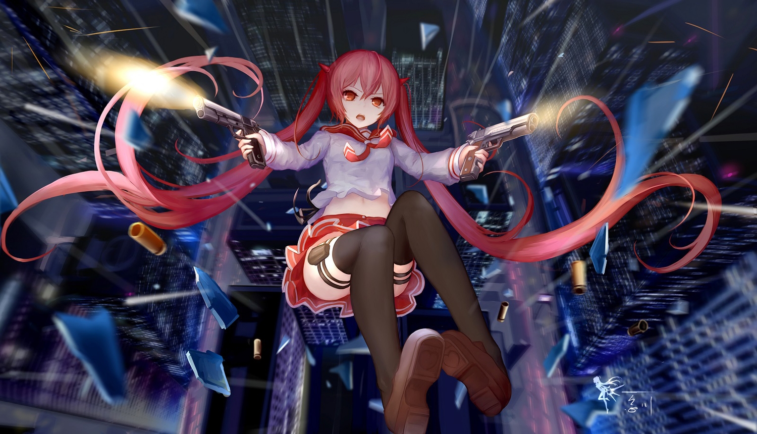 aliasing, building, city, gun, hidan_no_aria, kanzaki_h_aria, long_hair, navel