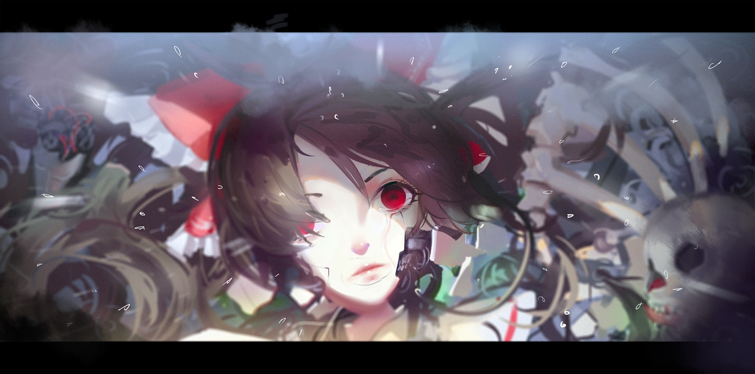 bow, brown_hair, hakurei_reimu, hoshimawa, red_eyes, robot, touhou