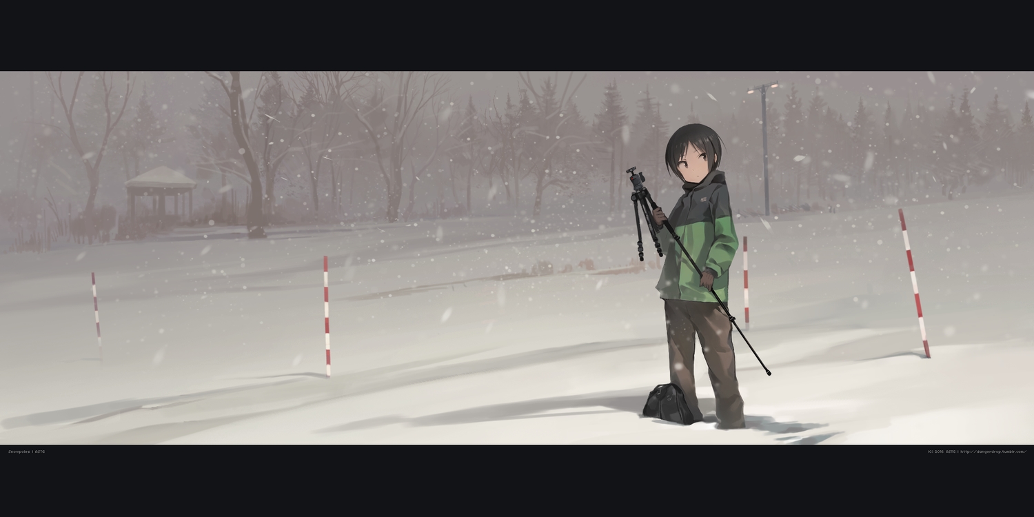 astg, black_hair, kurosaki_honoka, short_hair, snow, tree, winter, yama_no_susume