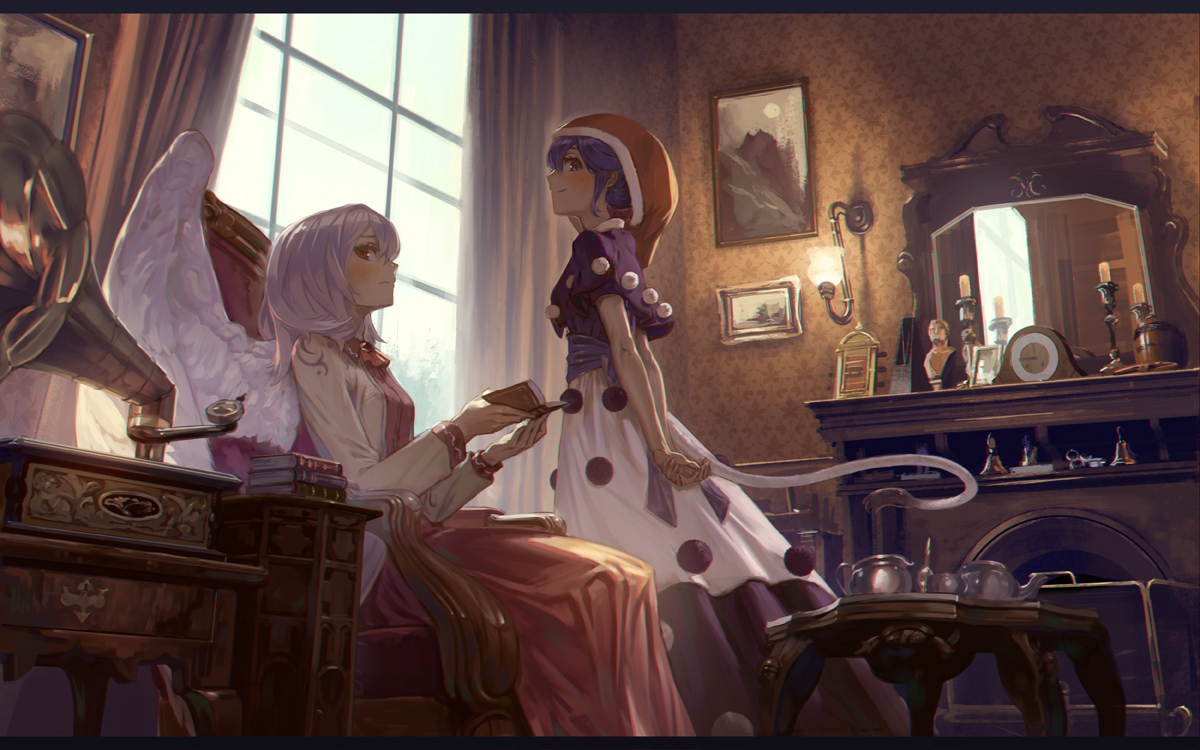 2girls, book, doremy_sweet, hat, kishin_sagume, shantao_(yamamomo), touhou, wings