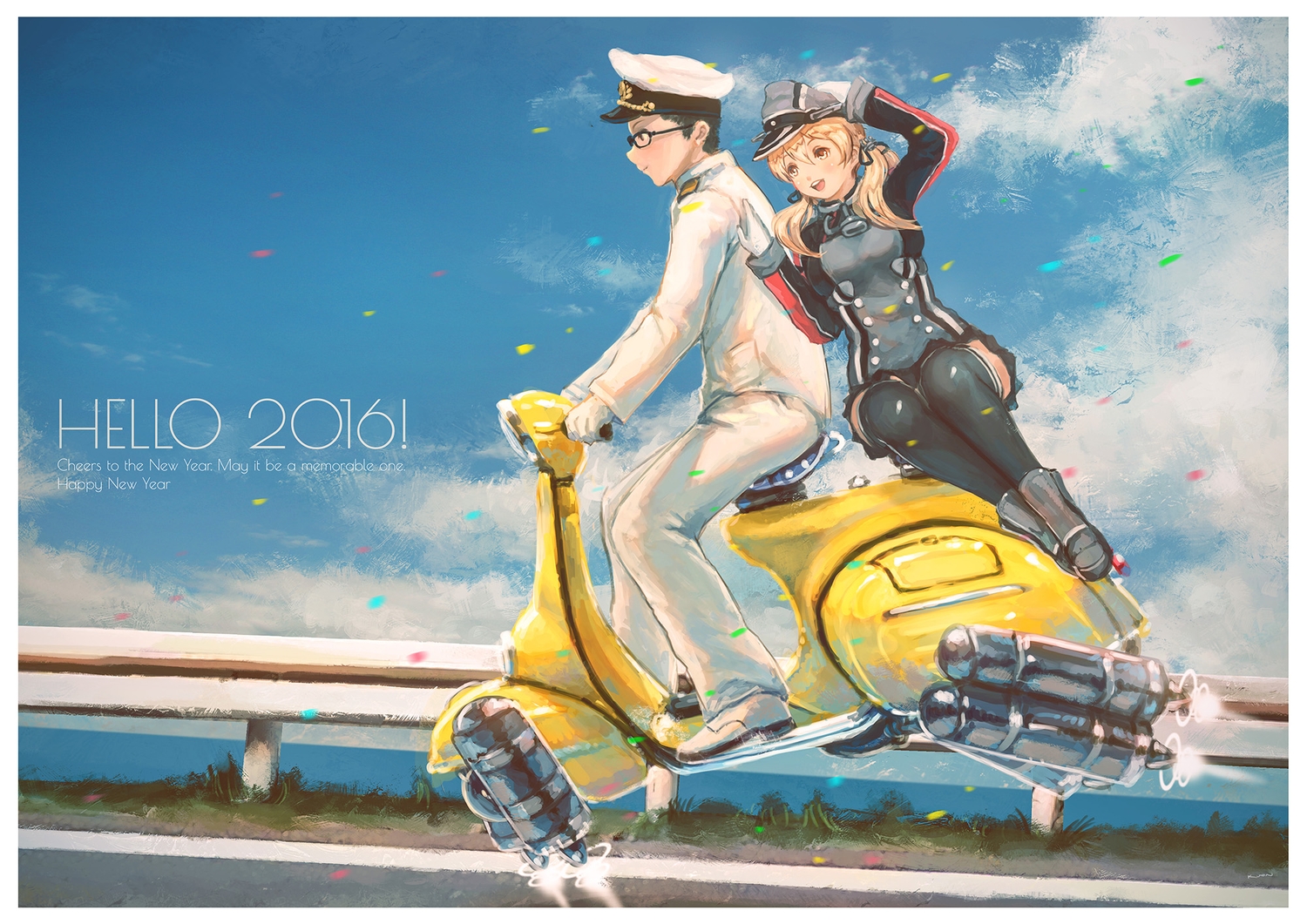 admiral_(kancolle), anthropomorphism, blonde_hair, glasses, hat, kantai_collection, kuon_(kwonchanji), male, motorcycle, prinz_eugen_(kancolle), uniform