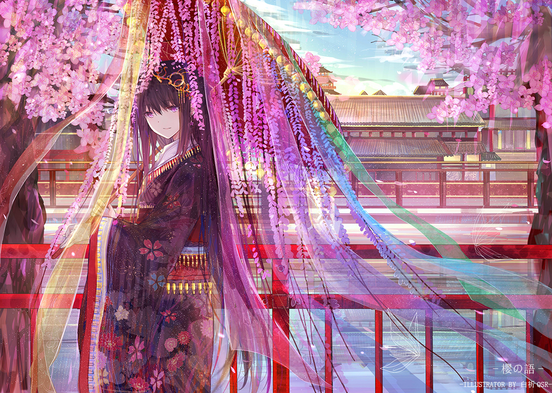 akemi_homura, black_hair, building, cherry_blossoms, flowers, inoriac, japanese_clothes, kimono, long_hair, mahou_shoujo_madoka_magica, purple_eyes, tree, watermark