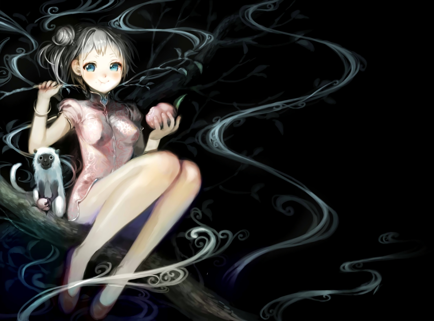 animal, black, black_hair, blue_eyes, blush, chinese_clothes, chinese_dress, dress, food, fruit, isaki_uta, original, tree, wristwear