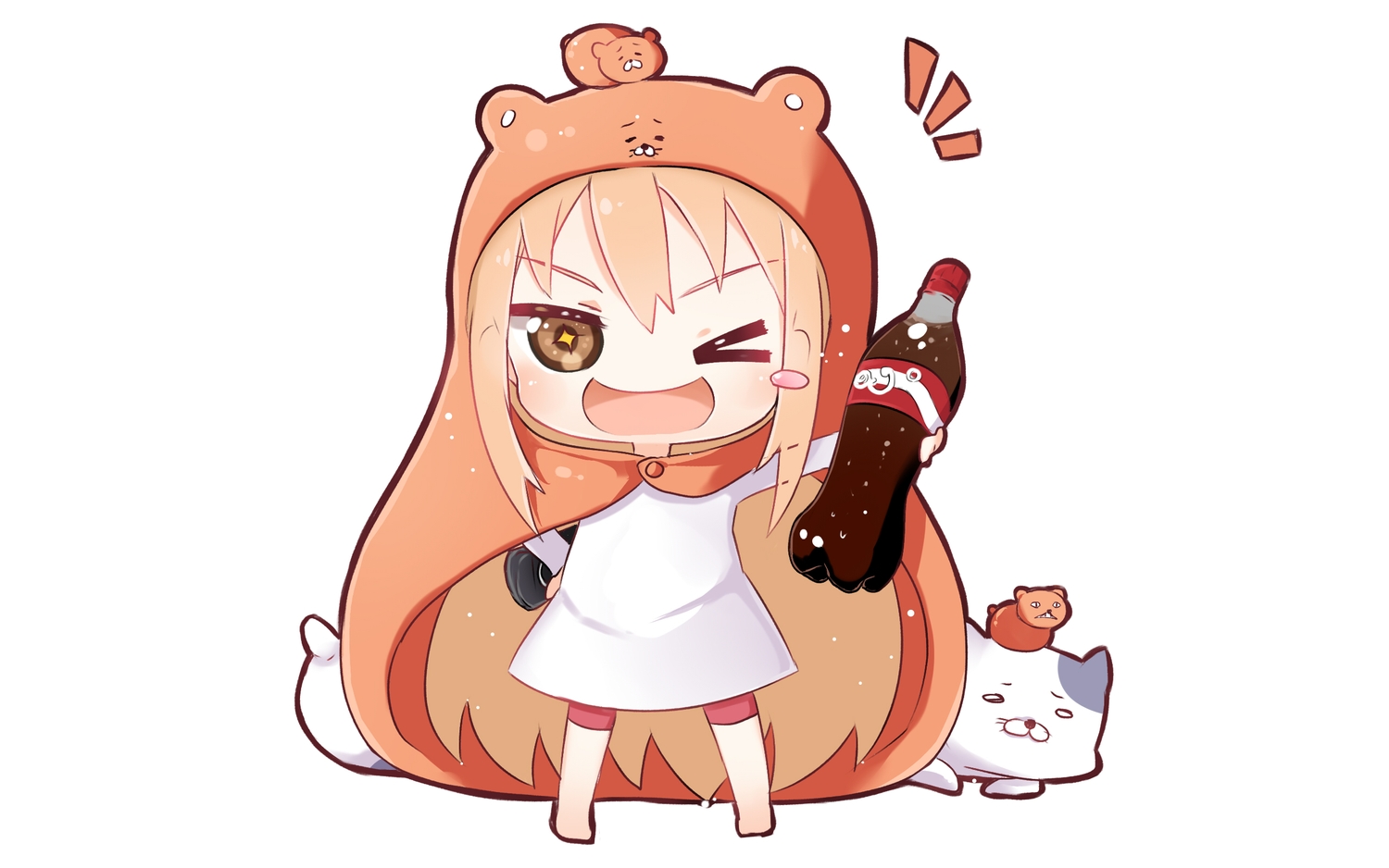 blonde_hair, brown_eyes, coca_cola, doma_umaru, himouto!_umaru-chan, hood, nekoronbusu, wataru_kuri