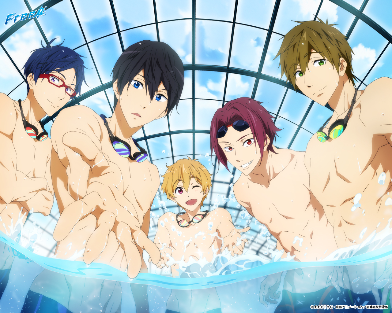 all_male, black_hair, blonde_hair, blue_eyes, blue_hair, brown_hair, free!, goggles