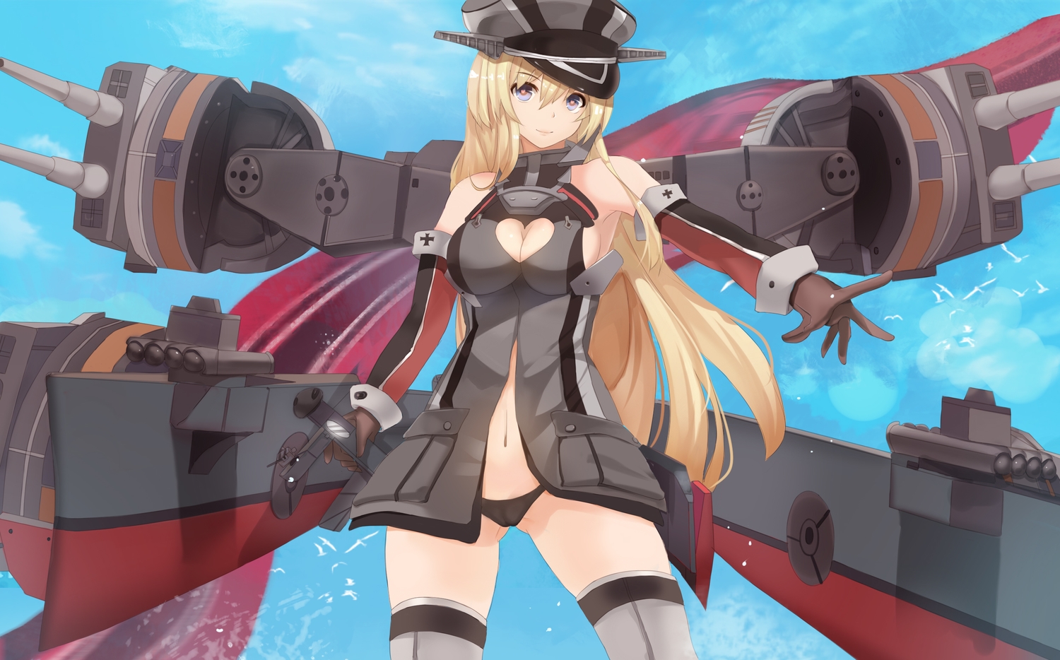 anthropomorphism, bismarck_(kancolle), blonde_hair, blue_eyes, breasts, cleavage, gloves, hat