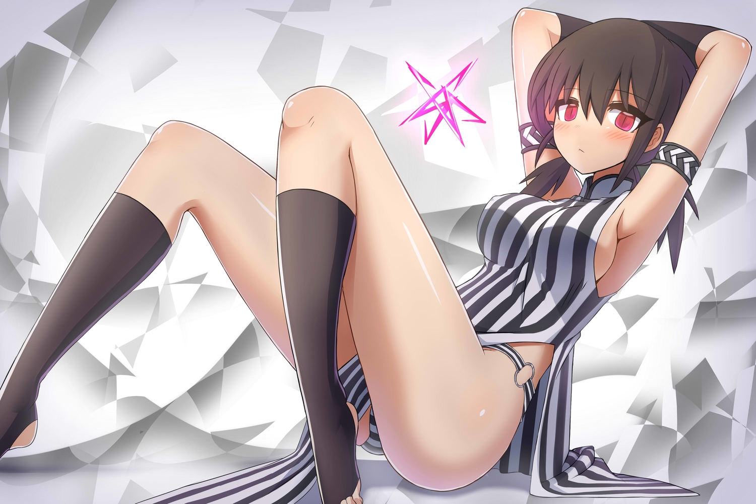 black_hair, blush, breasts, erect_nipples, jpeg_artifacts, kneehighs, konohana_saku, no_bra, original, red_eyes, sideboob