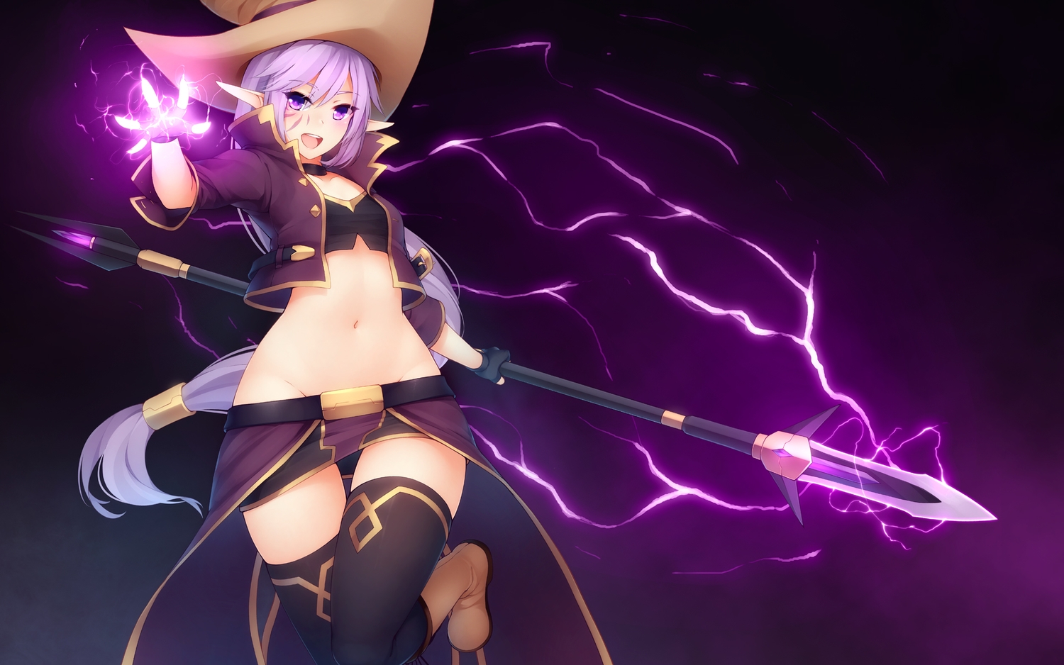 kaleina_(ricegnat), magic, navel, nopan, original, pointed_ears, purple_hair, ricegnat, skirt, spear, thighhighs, weapon