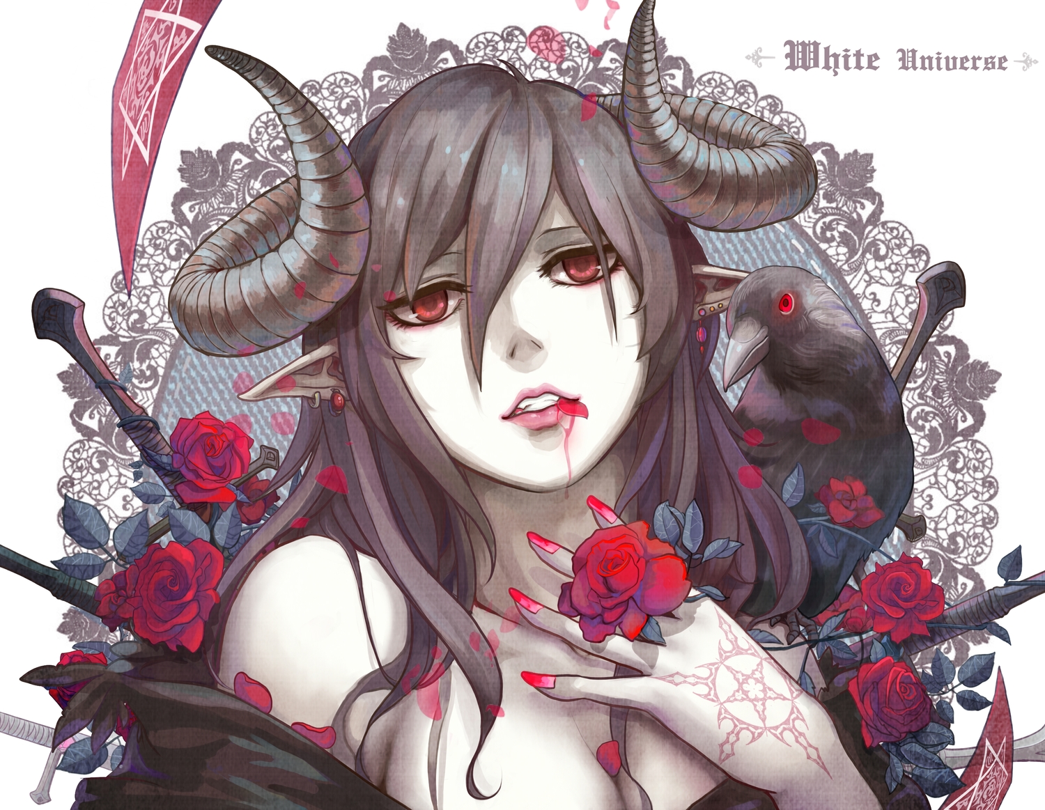 animal, aoiakamaou, bird, black_hair, blood, flowers, horns, long_hair