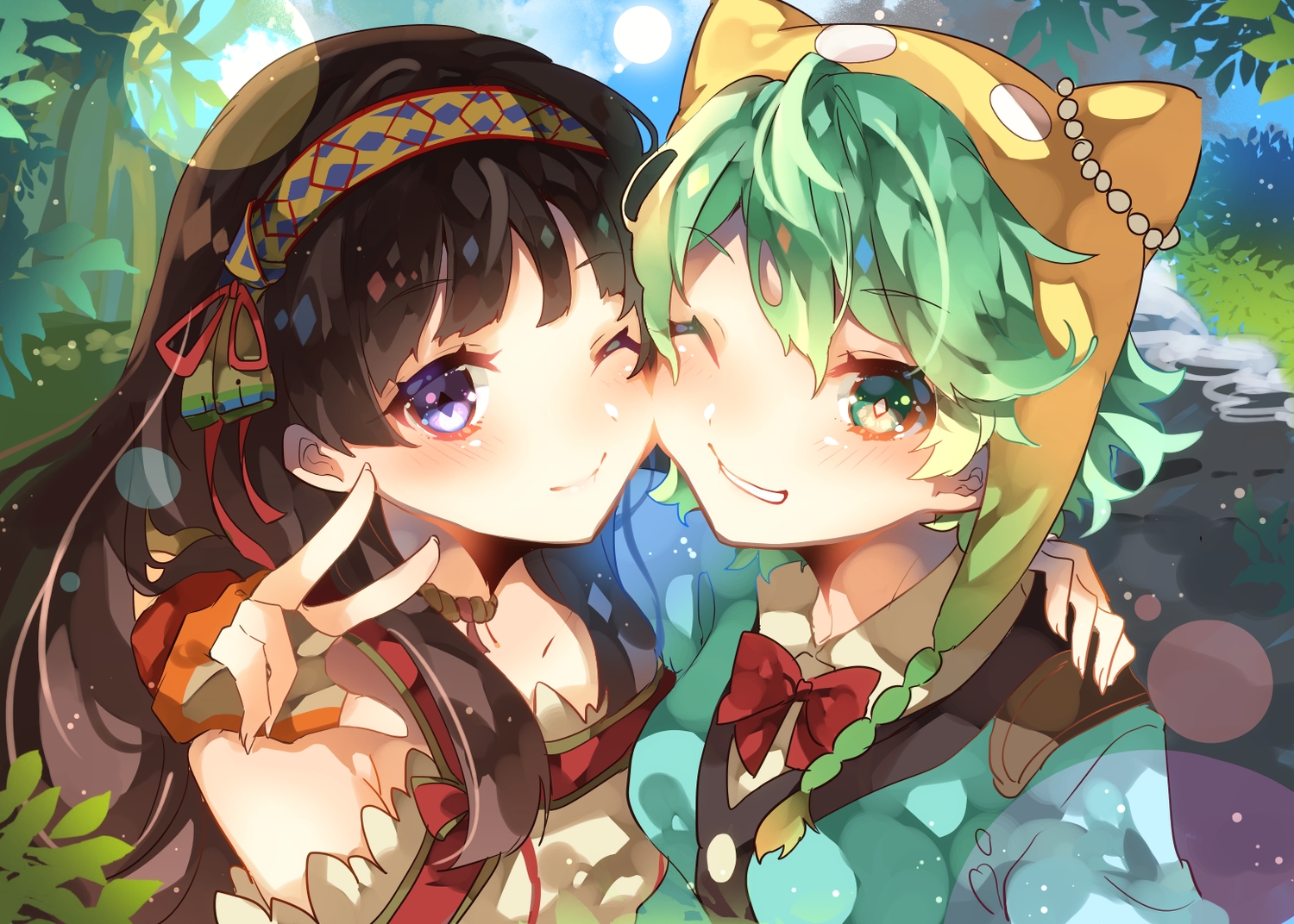 2girls, atelier_shallie:alchemists_of_the_dusk_sea, brown_hair, green_eyes, green_hair, hat, long_hair, purple_eyes, shallistera, shallotte_elminus, sweetroad, wink