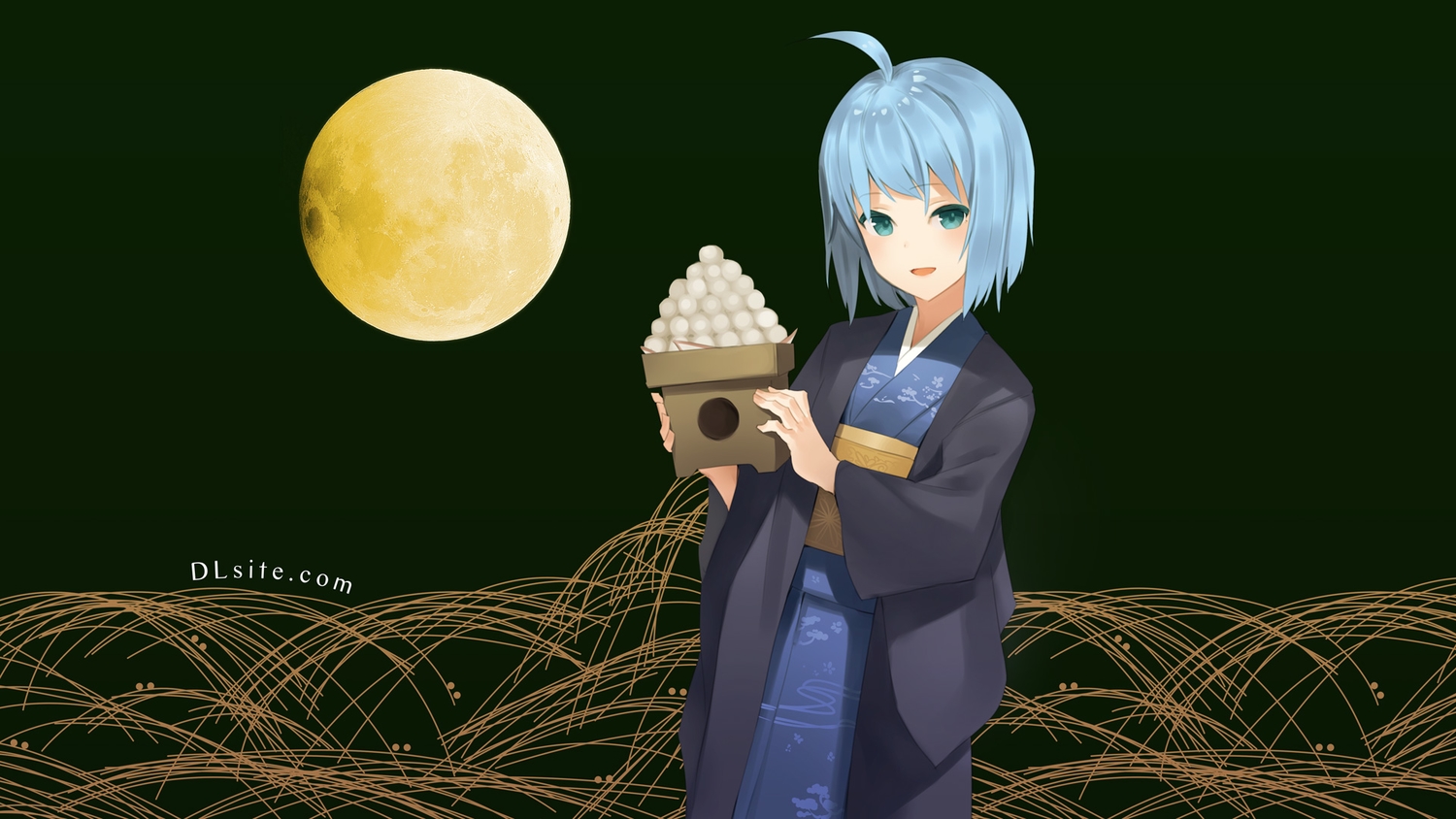 blue_hair, dlsite.com, elle_sweet, green, green_eyes, japanese_clothes, kimono, moon