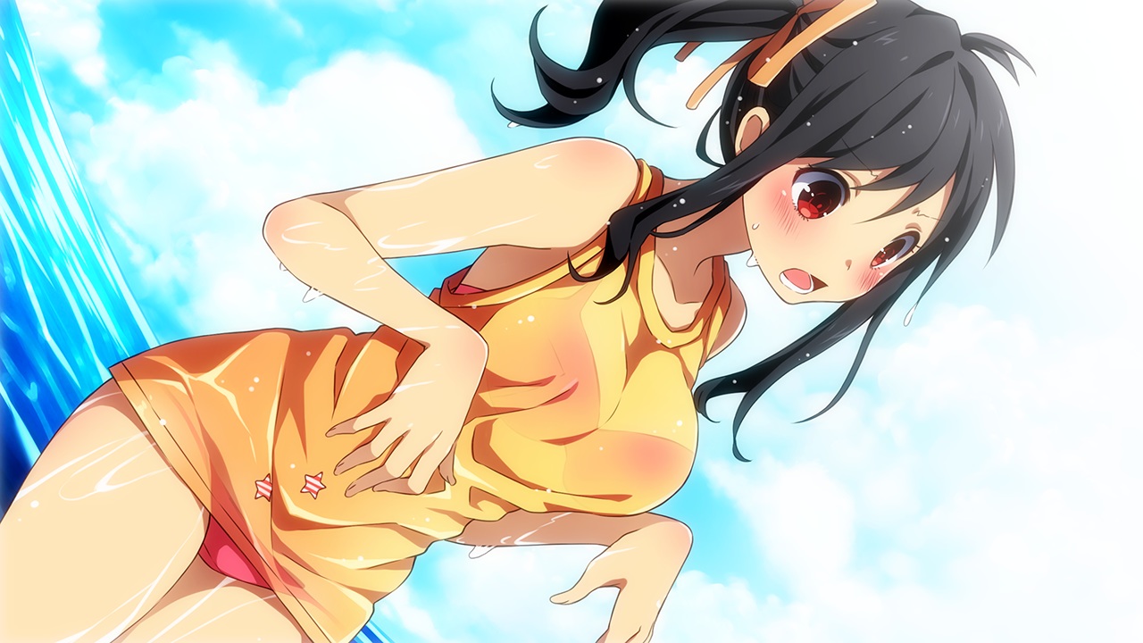 ayumi_(sakura_beach), bikini, black_hair, blush, breasts, game_cg, inma, ponytail, red_eyes, ribbons, sakura_beach, see_through, swimsuit, water, wet, winged_cloud