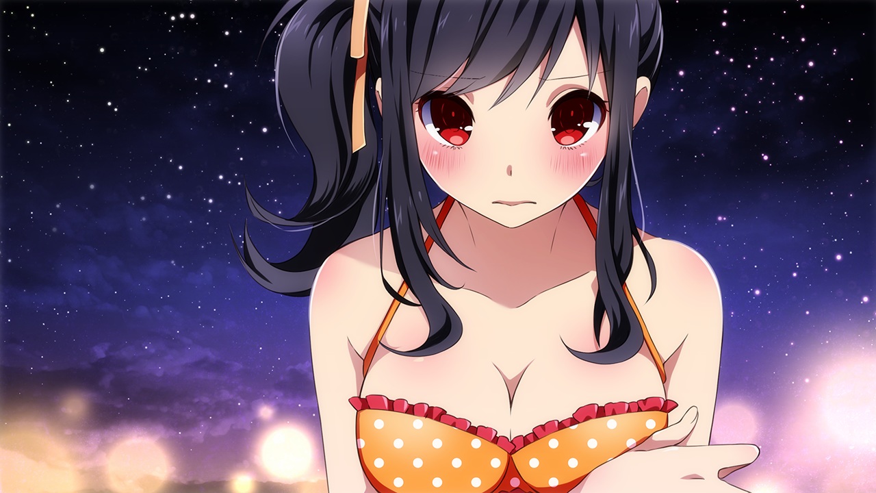 ayumi_(sakura_beach), bikini, black_hair, blush, breasts, cleavage, game_cg, inma, night, ponytail, red_eyes, ribbons, sakura_beach, stars, swimsuit, winged_cloud