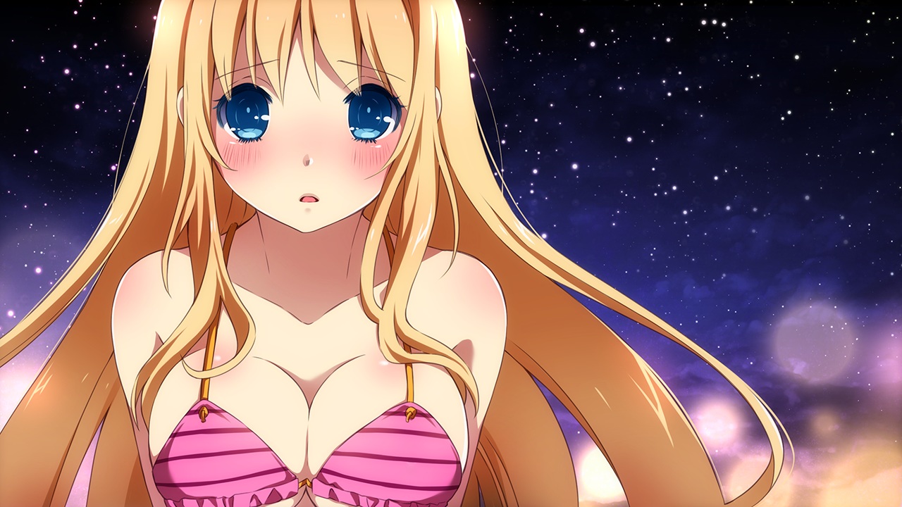 bikini, blonde_hair, blue_eyes, blush, breasts, cleavage, game_cg, inma