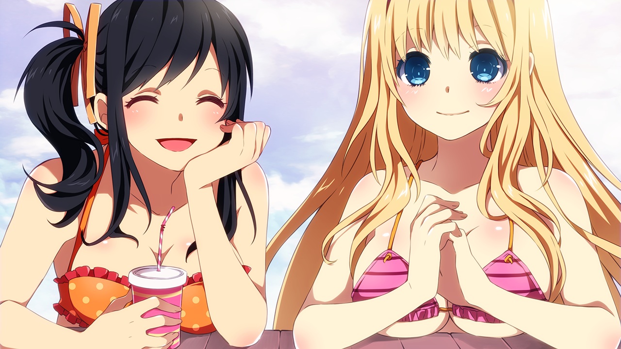 2girls, ayumi_(sakura_beach), bikini, black_hair, blonde_hair, blue_eyes, breasts, cleavage