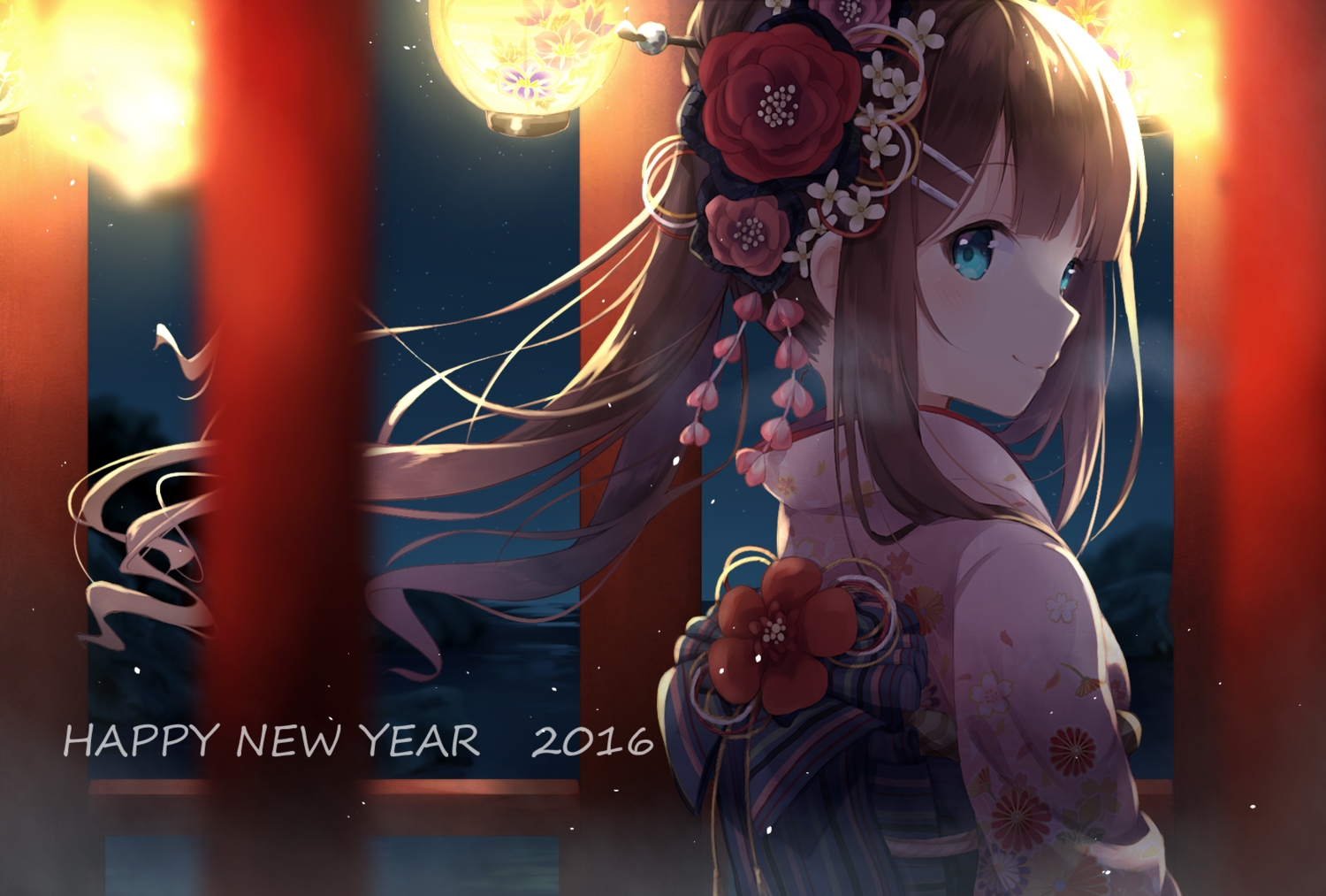 aliasing, aqua_eyes, brown_hair, japanese_clothes, kimono, long_hair, nonono_(nononotea), original, stars