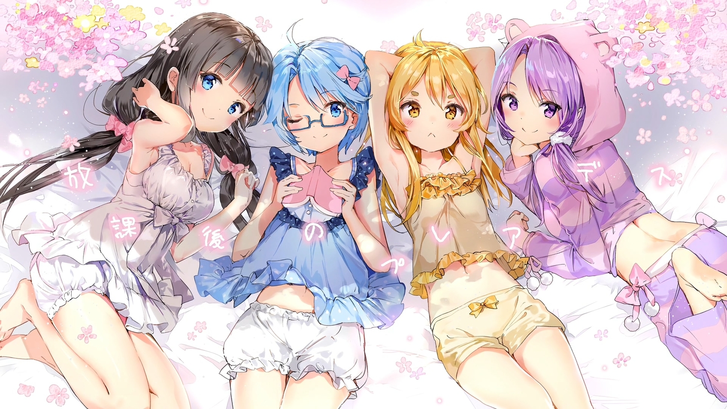 anmi, aoi_(houkago_no_pleiades), aqua_eyes, aqua_hair, barefoot, black_hair, blonde_hair, bloomers