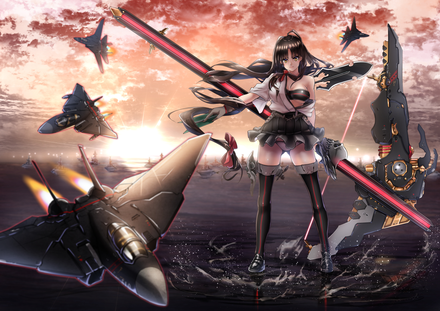 aircraft, aliasing, anthropomorphism, big.g, bow, bow_(weapon), breasts, brown_eyes