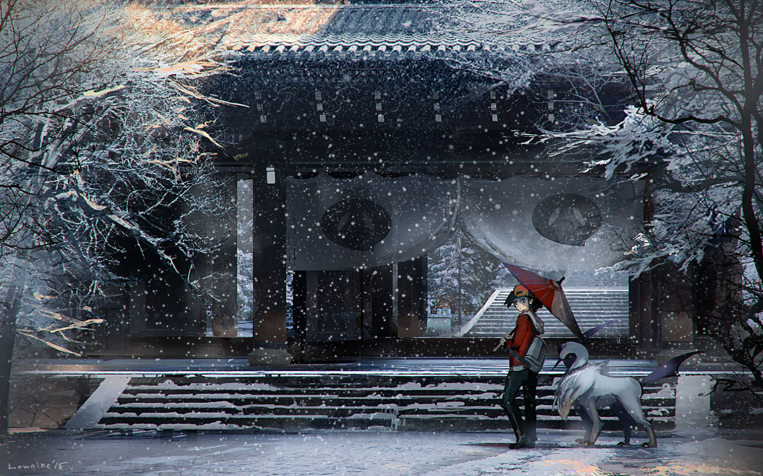absol, animal, building, hat, hibiki, hood, pokemon, rounin_(amuza), scenic, shrine, signed, snow, stairs, tree, umbrella, winter
