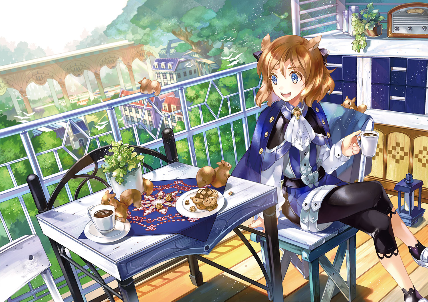 animal, animal_ears, bird, brown_hair, building, cape, drink, food, noki_(affabile), original, scenic, tree