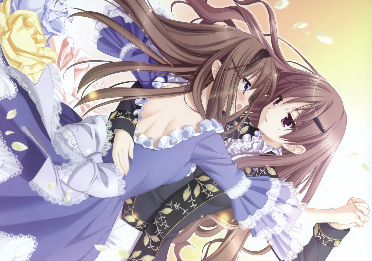 2girls, blue_eyes, brown_hair, dress, kani_biimu, kitajima_kaede, kitajima_sara, purple_eyes, scan, shoujo_ai, sono_hanabira_ni_kuchizuke_wo