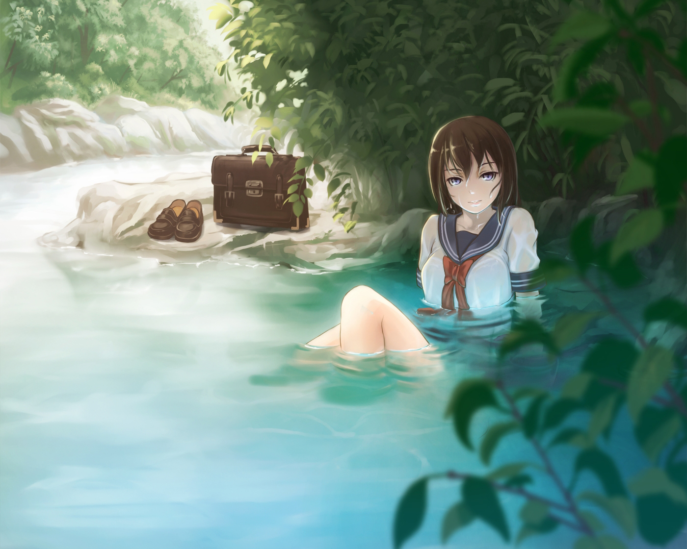 brown_hair, cropped, kome_(okome-smile), leaves, original, purple_eyes, school_uniform, tree, water, wet