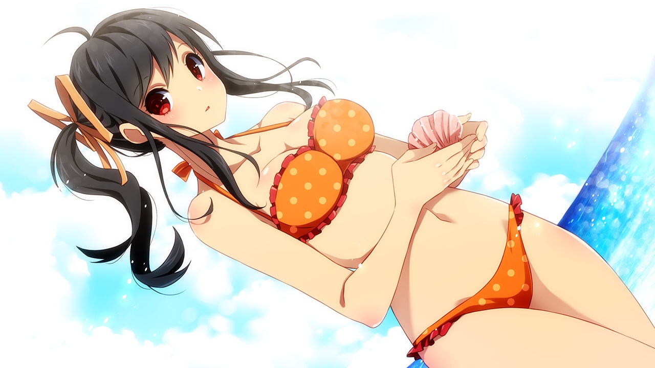 ayumi_(sakura_beach), beach, bikini, black_hair, breasts, cleavage, clouds, game_cg