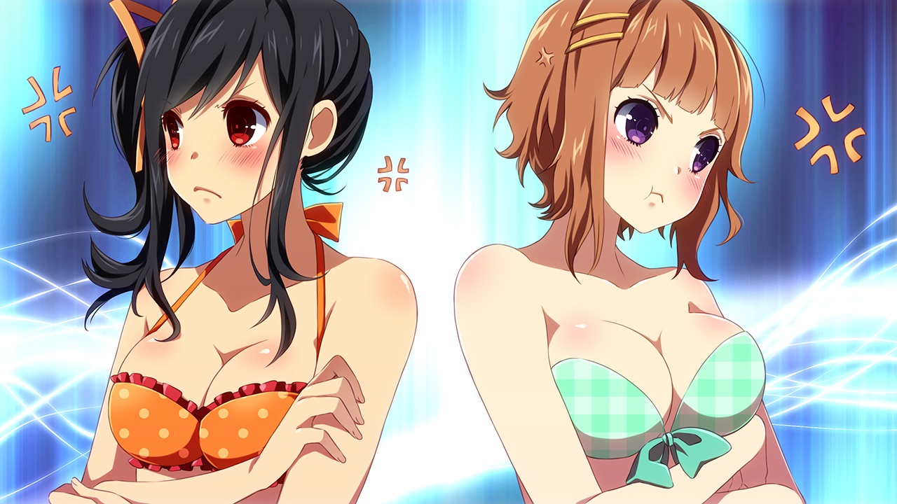 2girls, ayumi_(sakura_beach), bikini, black_hair, blush, breasts, brown_hair, cleavage
