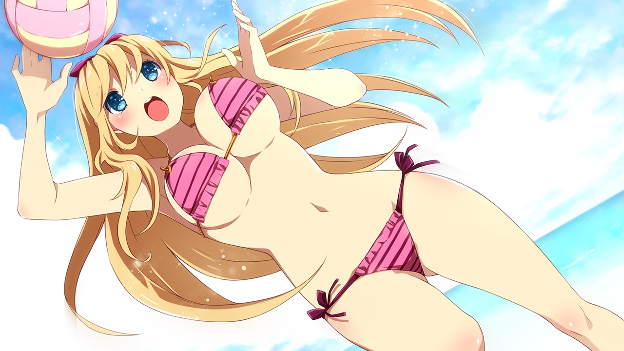 ball, beach, blonde_hair, blue_eyes, bow, breasts, cleavage, clouds